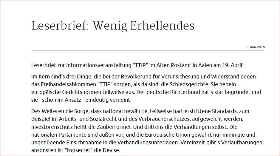 TTIP. Wenig Erhellendes. Leserbrief. Erschienen in den Aalener Nachrichten am 02. Mai 2016. Teil I.